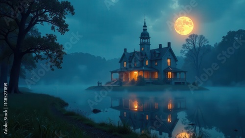 Serene lakeside mansion bathed in moonlight's glow, reflecting tranquility and mystery under a twilight sky