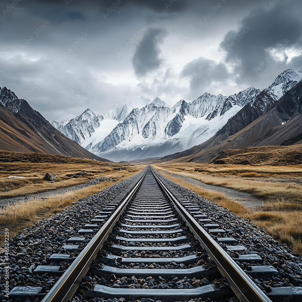 Fototapeta premium Scenic railway track with snowy mountain backdrop