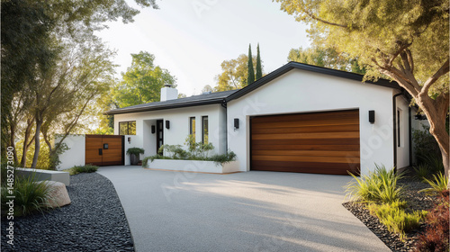 Modern house design with white concrete facade and wood garage