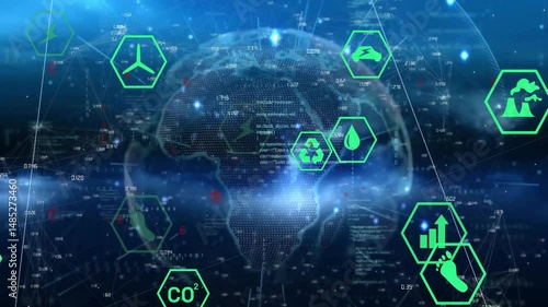 Flat design dotted globe showing network links and floating hexagon icons depicting energy metrics