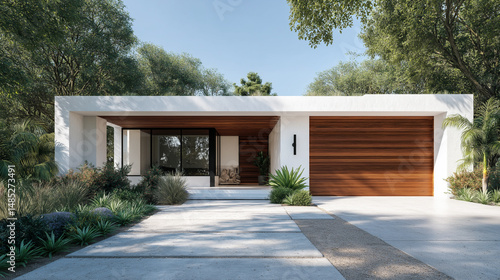 Modern white house with wooden garage