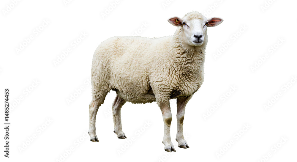 Obraz premium Isolated white sheep standing in a field farm animal livestock mammal wool agriculture countryside lamb pet