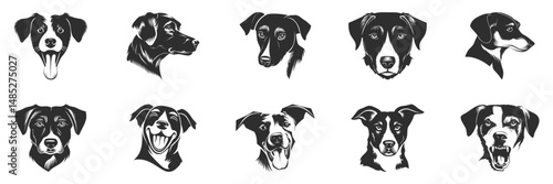 Dog Faces Silhouette Set. Expressive Canine Emotions And Breeds Isolated Vector Illustration Collection