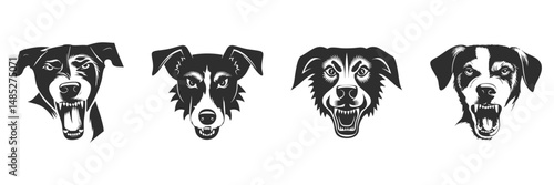 Aggressive Dog Faces Silhouette Set. Fierce Canine Expressions For Mascot Or Logo Design Isolated Vector Illustration Collection