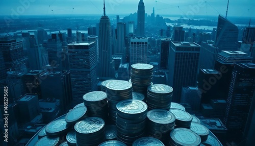 Stacks of coins with a hopeful mood representing wealth against a cityscape background