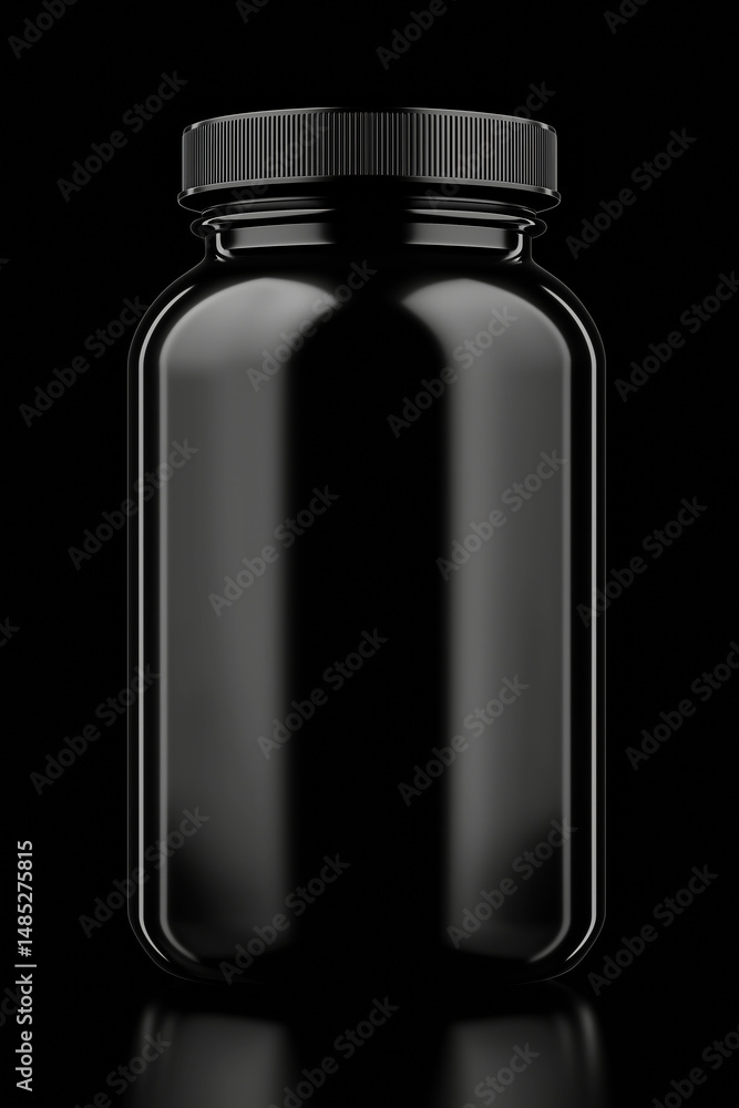 Fototapeta premium Black glossy pill or supplement bottle isolated on dark background with no label