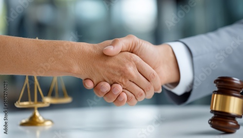 Close-up of a handshake between two people in legal office with scales and gavel