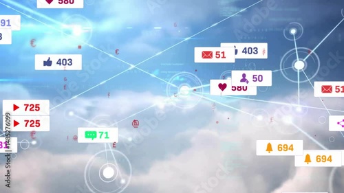 Floating media icons and counters drifting over cloudy sky linking to glowing nodes in flat design