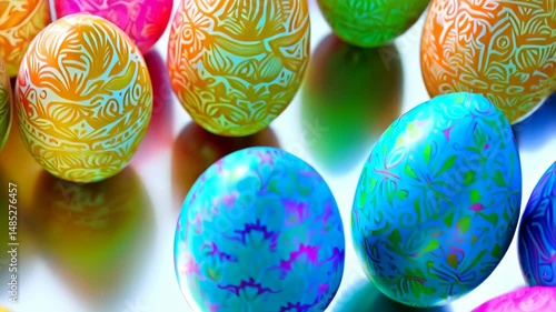 Vibrant Easter Egg Collection with Ornate Designs, Rows of Colorful Shells for Festive Celebration
