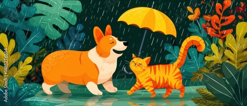 Corgi and Cat Walking in Rain Under Umbrella Cartoon Illustration Stylized Animal Companionship Rainy Day Scene Digital Art