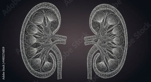 Detailed wireframe illustration showcasing cross section of two human kidneys