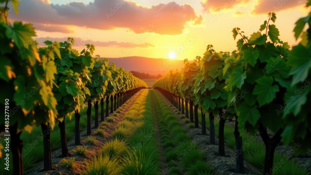 Naklejka premium Serene Vineyard at Sunset Rows of Lush Grapevines Basking in Golden Hour Light