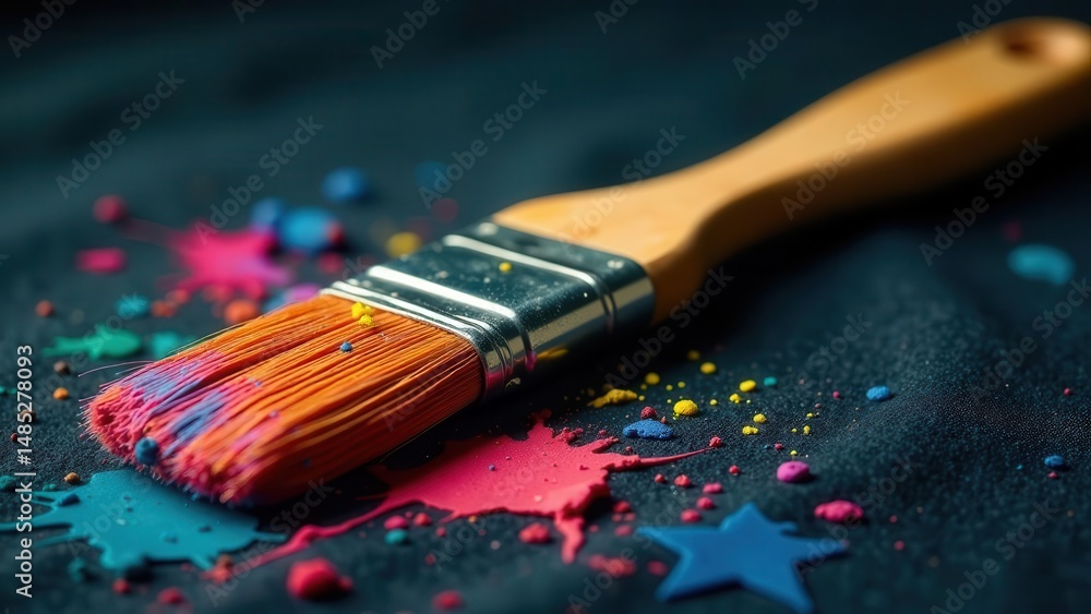 Fototapeta premium Artistic paintbrush resting on a dark surface amidst vibrant colorful splatters and star shapes