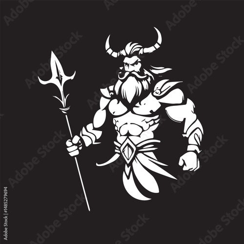 black and white cartoon illustration God Sea Poesidon neptune