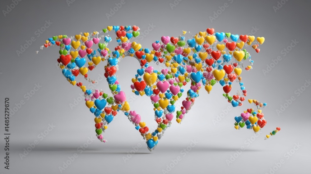 Fototapeta premium World map made of colorful hearts floating in studio setting representing global love and connection concept from low angle