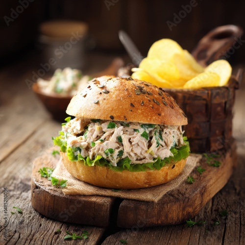 Wallpaper Mural Tuna salad sandwich on wooden board with chips close up studio shot delicious lunch homemade recipe Torontodigital.ca