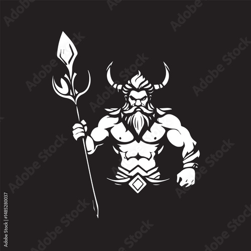 black and white cartoon illustration God Sea Poesidon neptune