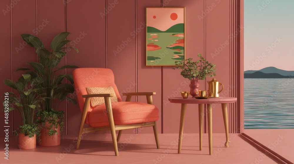 Fototapeta premium Interior scene of salmon colored room with chair table plants and view of ocean landscape art