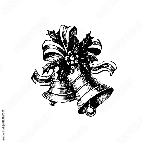 Hand drawn vintage winter Christmas bells sketch. Vector illustration isolated on white bg