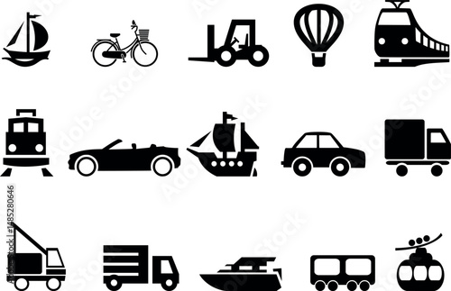Collection of black icon silhouettes representing various transportation modes and travel