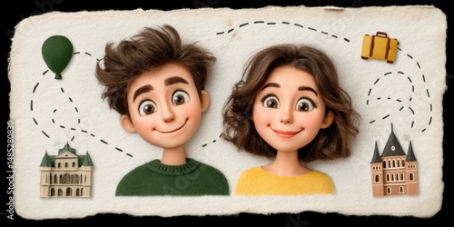 Cartoon characters smiling happily during an adventure with travel elements like a suitcase and a balloon in a creative animated style celebrating exploration and joyful experiences