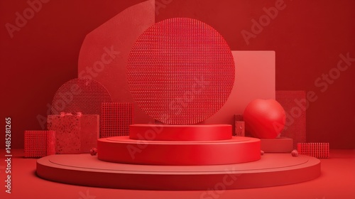 Red geometric shapes on platform, monochrome presentation, studio shot, abstract design, modern art, product display, creative composition, minimalist style