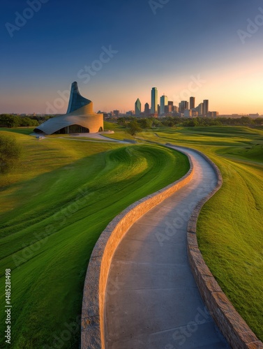 Dallas Skyline and Modern Architecture at Sunrise from Klyde Warren Park Texas USA Landscape View