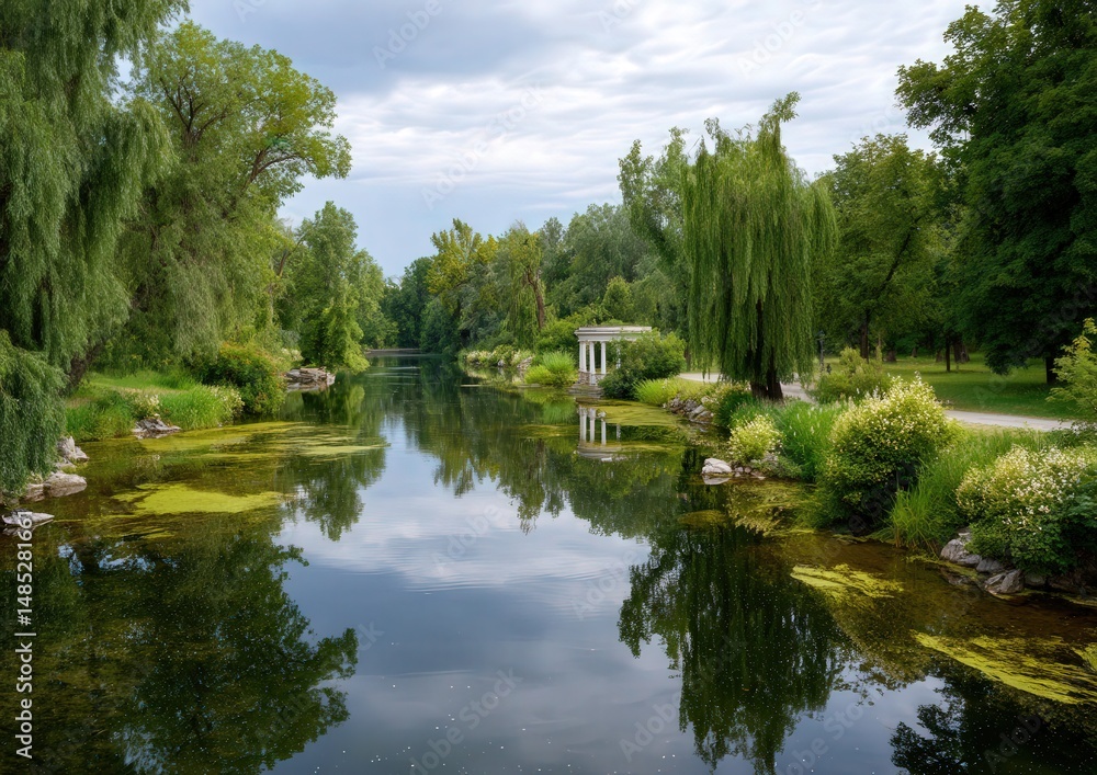 Serene riverside landscape with lush greenery and a gazebo. Serene riverside landscape with lush greenery and a gazebo.