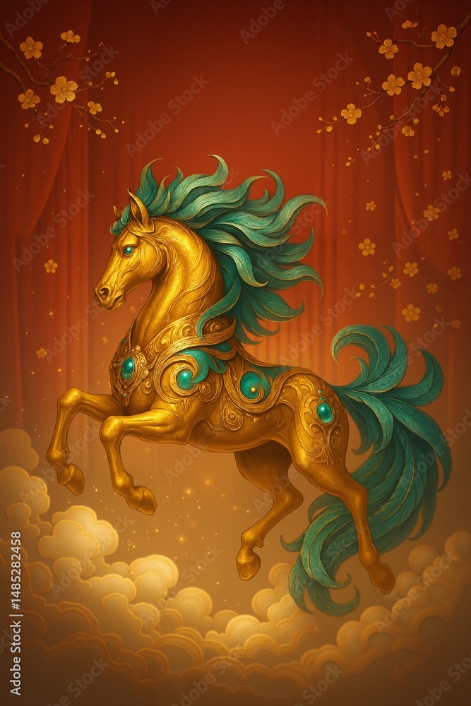 Fototapeta premium A Majestic Golden Horse with Flowing Turquoise Mane Erupts from Cloudy Skies Under an Orange Dreamlike Background, Symbolizing Strength and Elegance in Fantasy Art