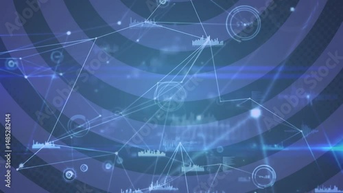 Interconnected network nodes showing flat design data interface with bar charts and waveforms