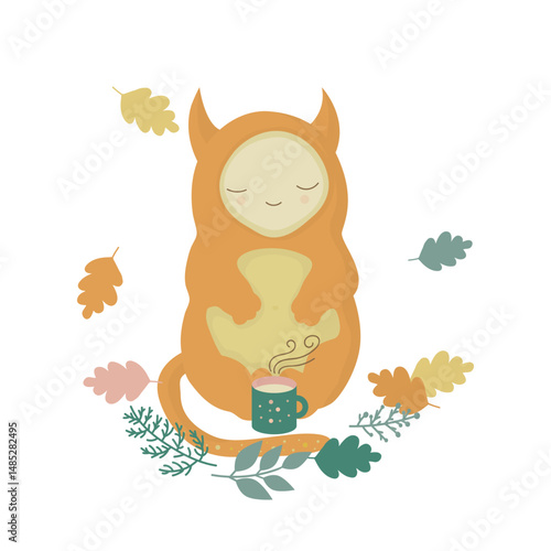 Illustration of a cute orange monster with a mug of warm milk. Cartoon friendly character enjoys a tea time in the autumn forest. Cozy and kind isolated drawing can be used for children's items.