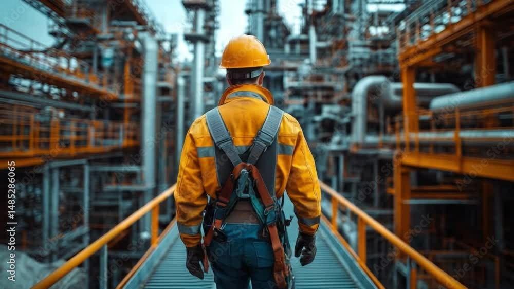 Industry Professional: An industry worker with safety gear confidently walks along the walkway, overseeing a complex network of pipes and structures in an industrial setting. Industry Professional: An industry worker with safety gear confidently walks along the walkway, overseeing a complex network of pipes and structures in an industrial setting.