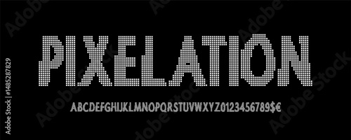 Pixel-style font made of small square dots. Futuristic display typeface with uppercase letters and numbers.
