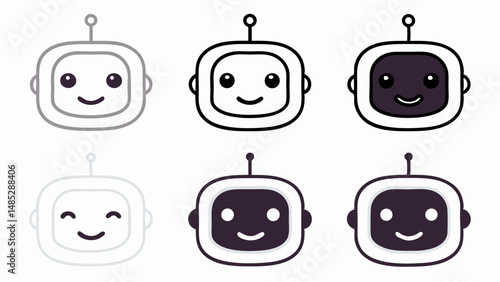 Illustration of six friendly robot faces with rounded square heads and small antennas on a white background