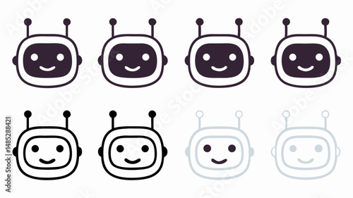 Illustration of eight robot heads with varying shades of black and white on a white background space