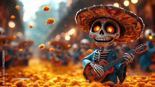 Festive Day of the Dead skeletons playing music amidst marigold flowers