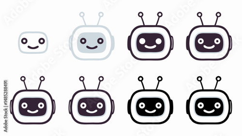 Eight robot icons showing a progression from simple outline to fully black robot head design