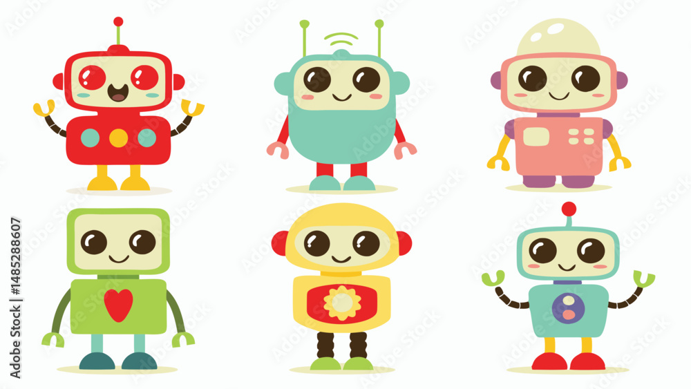 Fototapeta premium Illustration of six cartoon robots with different colors and shapes on a white background displayed nicely