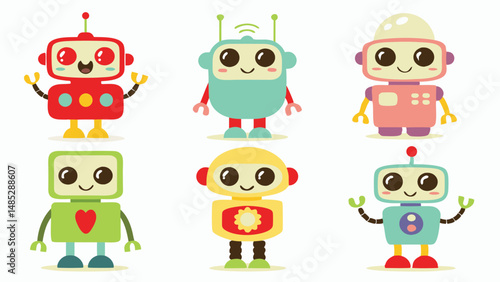 Illustration of six cartoon robots with different colors and shapes on a white background displayed nicely