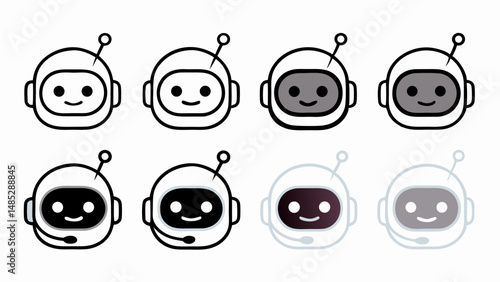 Collection of eight robot heads with varying levels of detail and shading on a white background