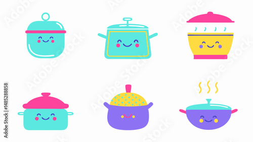 Illustration of six colorful cartoon cooking pots with lids and smiling faces on a white background art