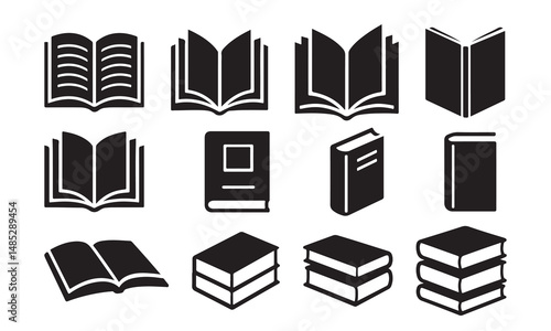 Black and White Book Icons Vector Set – Open and Closed Book Silhouettes for Education and Library Design