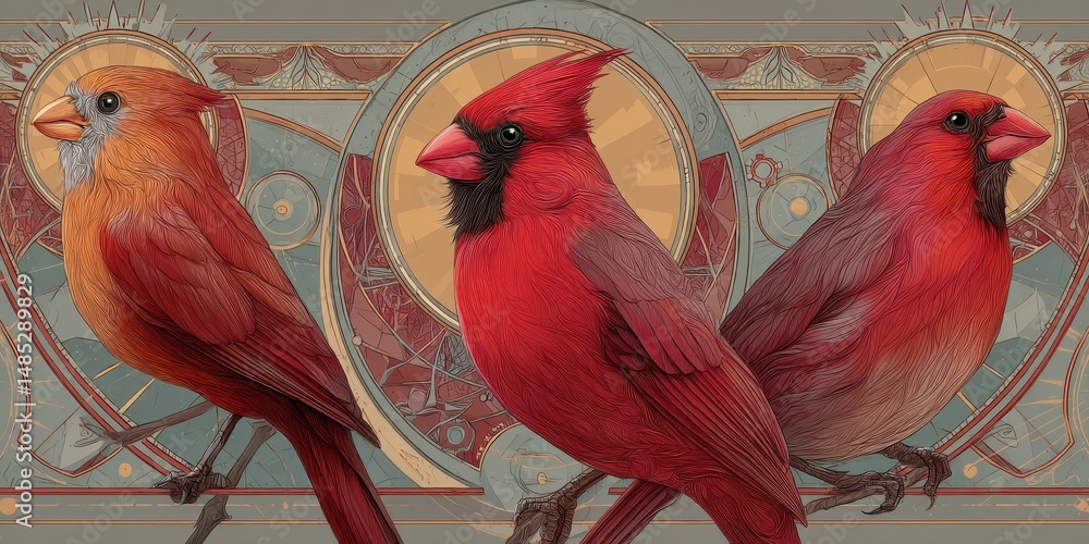 Fototapeta Ornate depiction of three cardinal birds in art nouveau style.