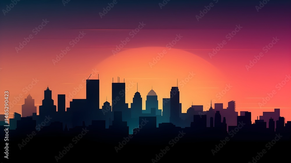 City skyline silhouette at twilight with large gradient sky background, professional business theme City skyline silhouette at twilight with large gradient sky background, professional business theme