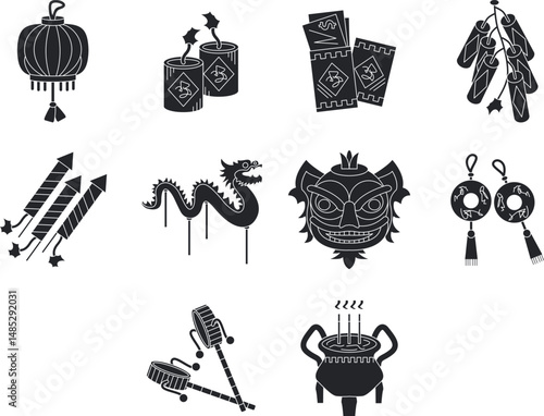 Vector icons representing traditional decorations and celebratory items of chinese new year