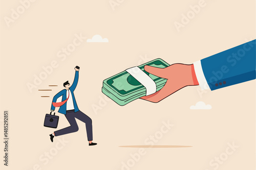 Getting paid, salary, wages payment or bonus, reward or employee benefits, tax refund or investment profit earning, loan or mortgage concept, business man hand giving money banknote to happy employee.