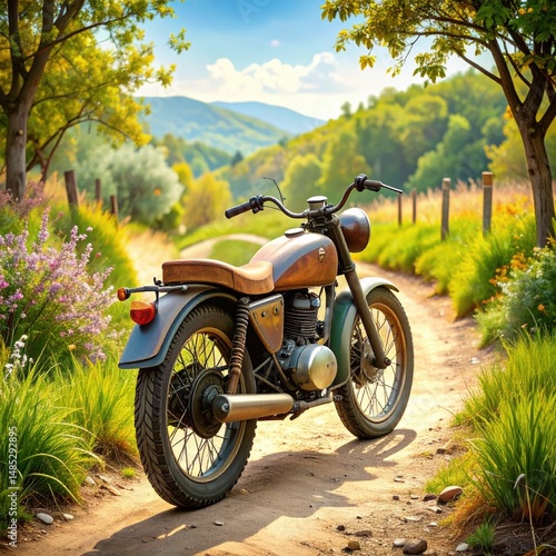 Vintage motorcycle on scenic country path amidst lush greenery and rolling hills