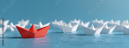 Standout Leadership Concept Red Paper Boat Among White Boats on Blue Water