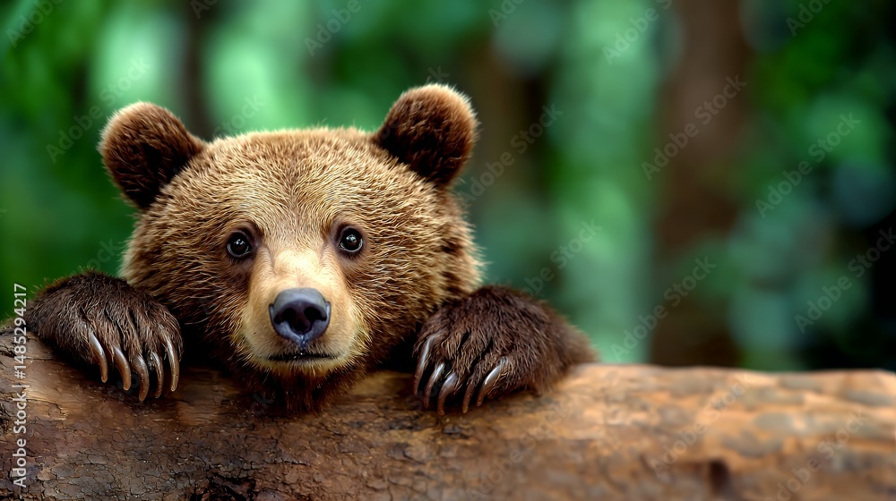 Obraz premium Bear Cub Peeking Over Log