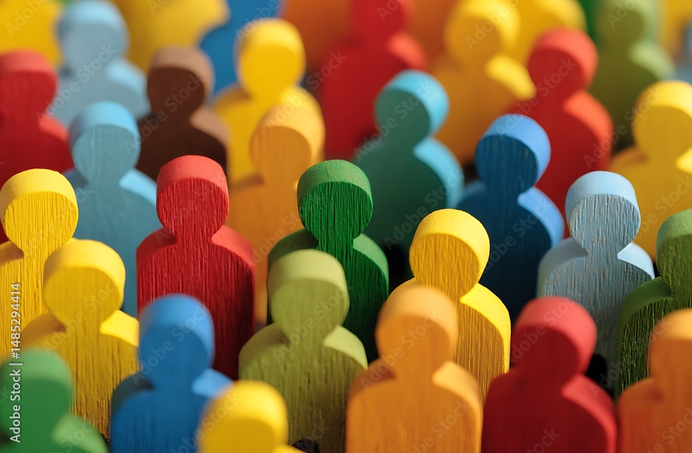 Obraz premium Colorful Wooden People Figures Representing Diversity and Inclusion in a Community